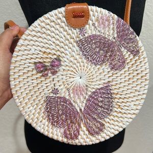 Bali Rattan Bag Crossbody Shoulder Purple Butterfly
